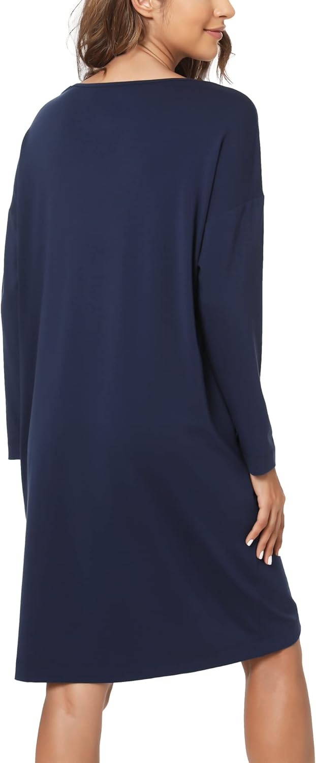 Womens Long Sleeve Nightgown Bamboo Cotton Nightshirts Sleepwear Soft Stretchy Sleep Dress with Pockets