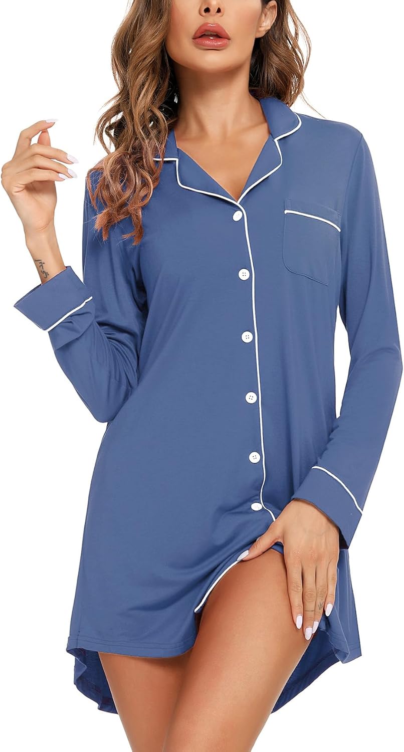 Pajama Nightgown for Women Short/Long Sleeve Button Down Nightwear Top Boyfriend Sleep Shirts Nightdress S-XXL