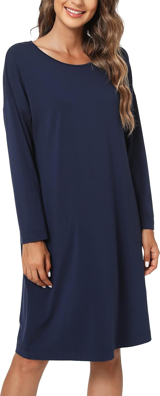 Womens Long Sleeve Nightgown Bamboo Cotton Nightshirts Sleepwear Soft Stretchy Sleep Dress with Pockets