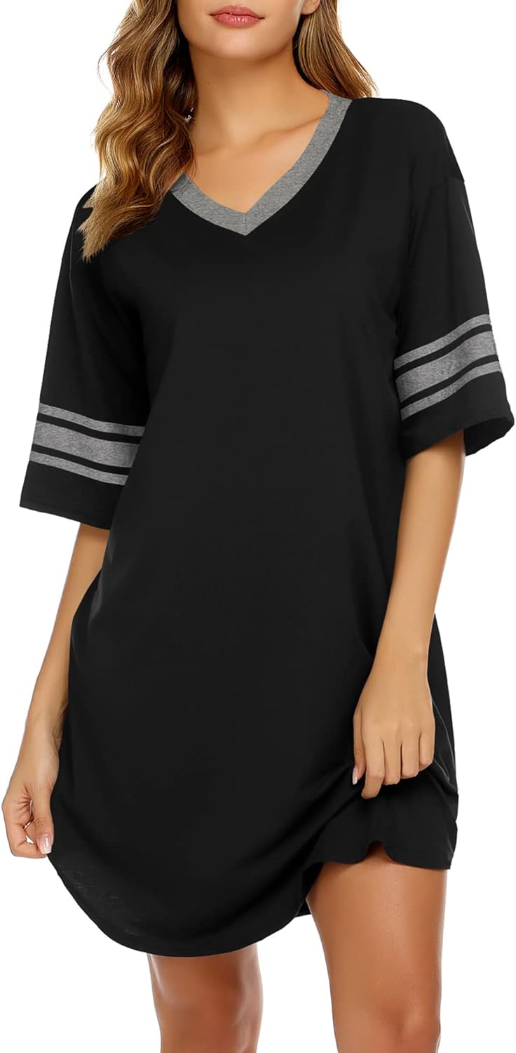 Womens Nightgown Cotton Sleepwear Short Sleeve Sleep Shirt V Neck Color Block Nightshirt