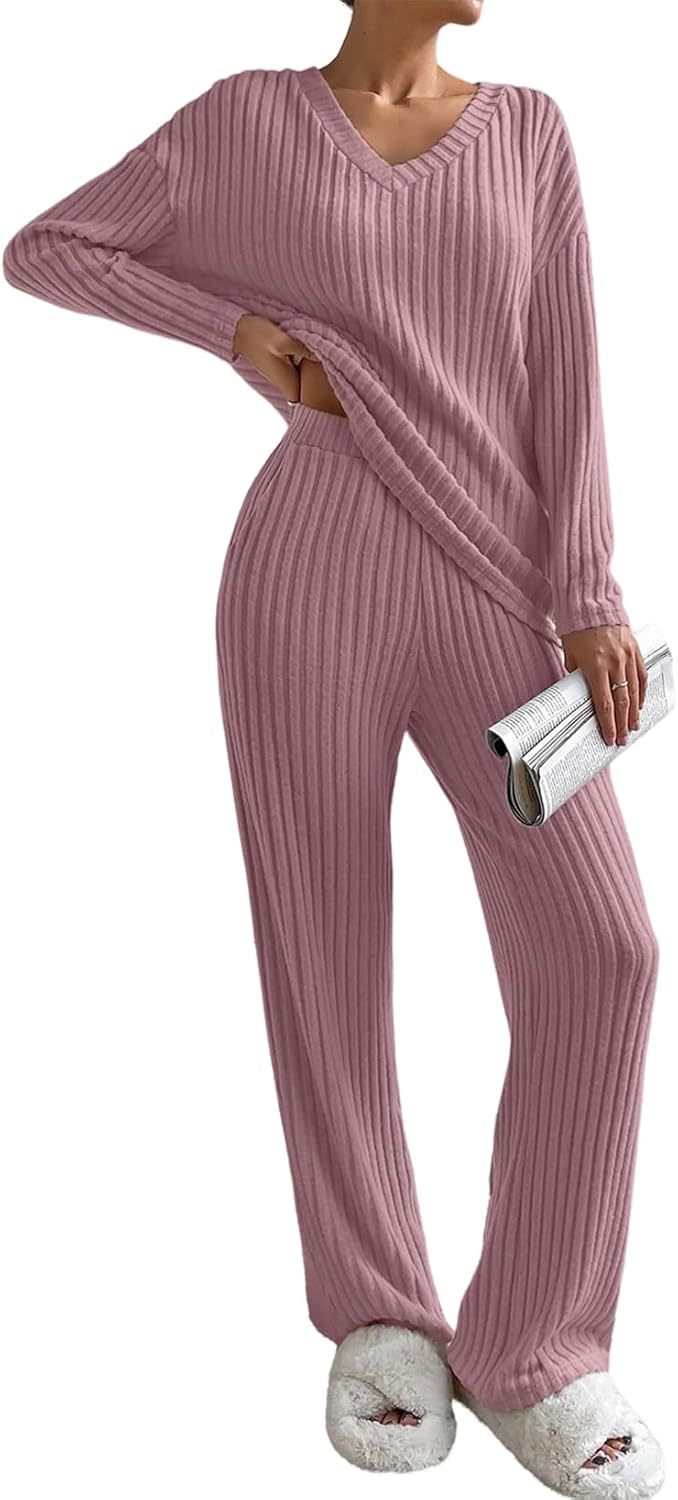 Women's Pajama Sets Long Sleeve 2 Piece Lounge Sets Ribbed Knit Sweater Sleepwear