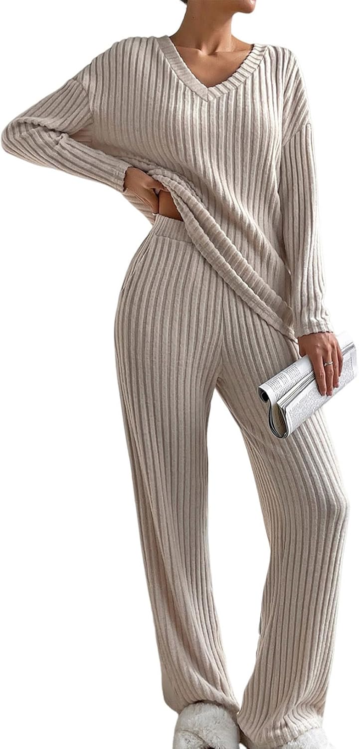 Women's Pajama Sets Long Sleeve 2 Piece Lounge Sets Ribbed Knit Sweater Sleepwear
