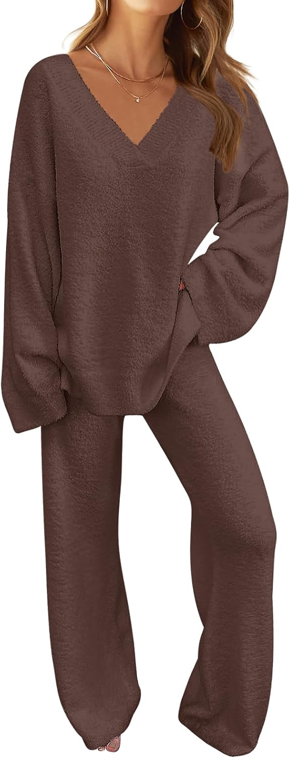 Women's 2 Piece Outfits Fuzzy Fleece Pajama Set Long Sleeve Top Wide Leg Pants Loungewear