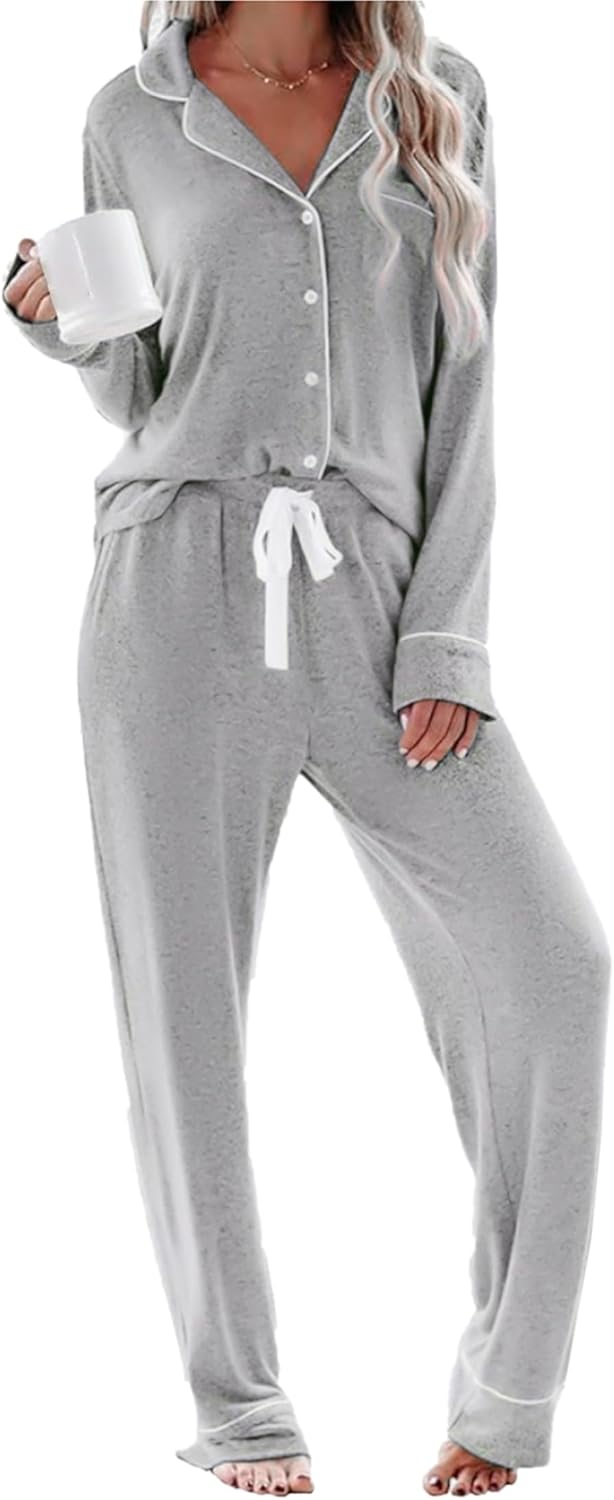 Womens Long Sleeve Pajamas Set Soft Sleepwear Button Down Shirt and Long Pants Pj Lounge Sets Nightwear with Pockets Light Gray,Large