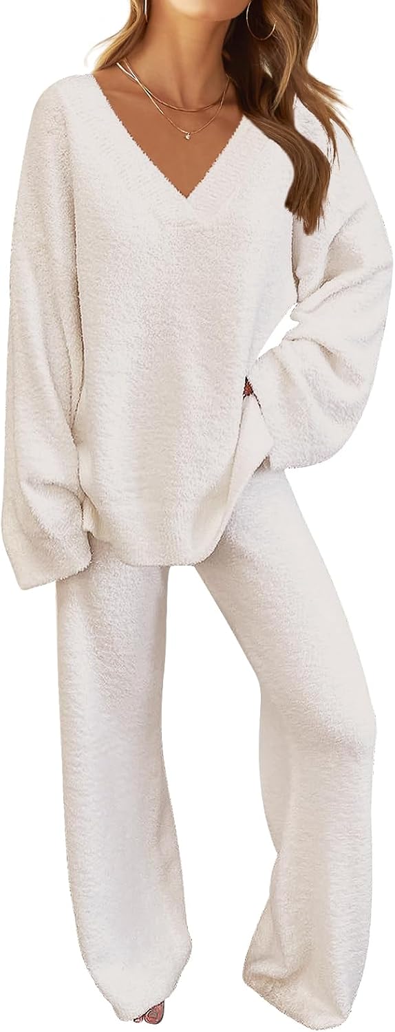 Women's 2 Piece Outfits Fuzzy Fleece Pajama Set Long Sleeve Top Wide Leg Pants Loungewear