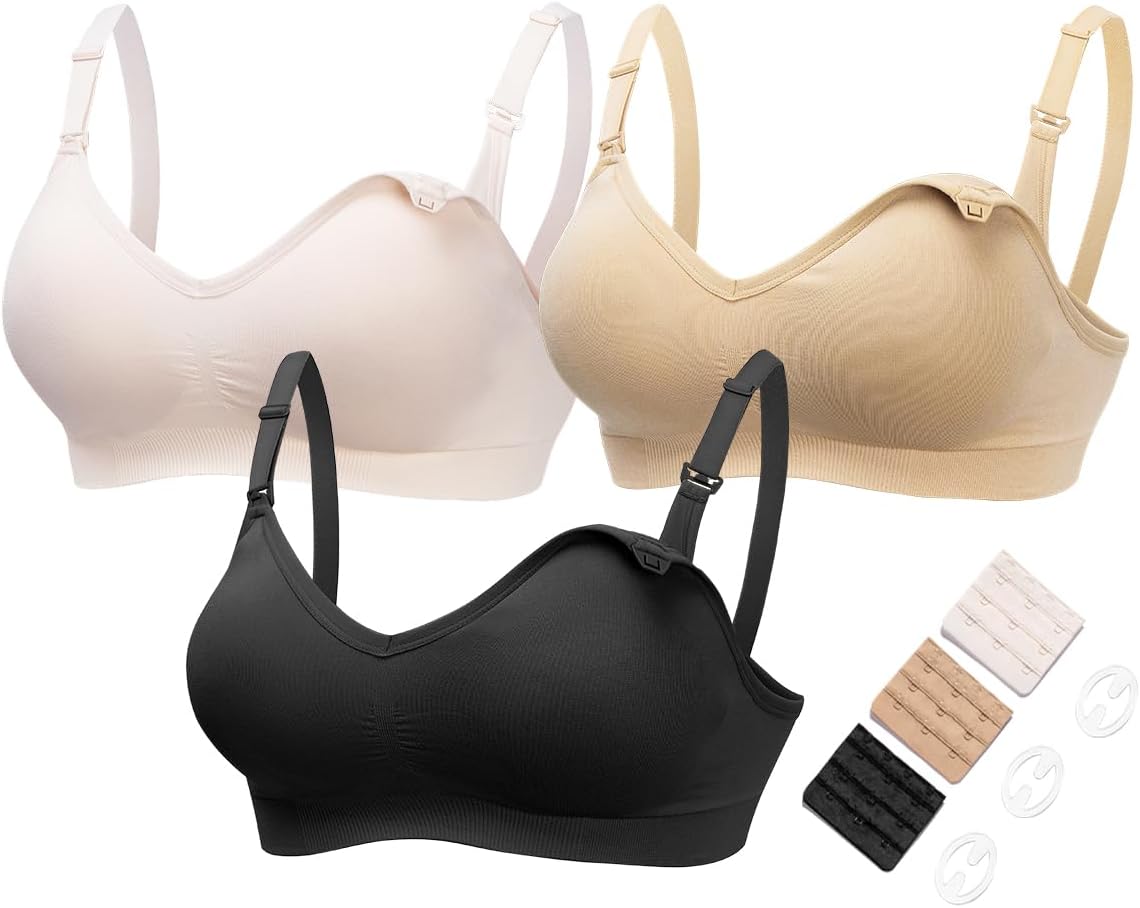 Maternity Nursing Bras for Breastfeeding, 3 Pack Pregnancy Deep V Neck Wireless Bra with Extenders & Clips