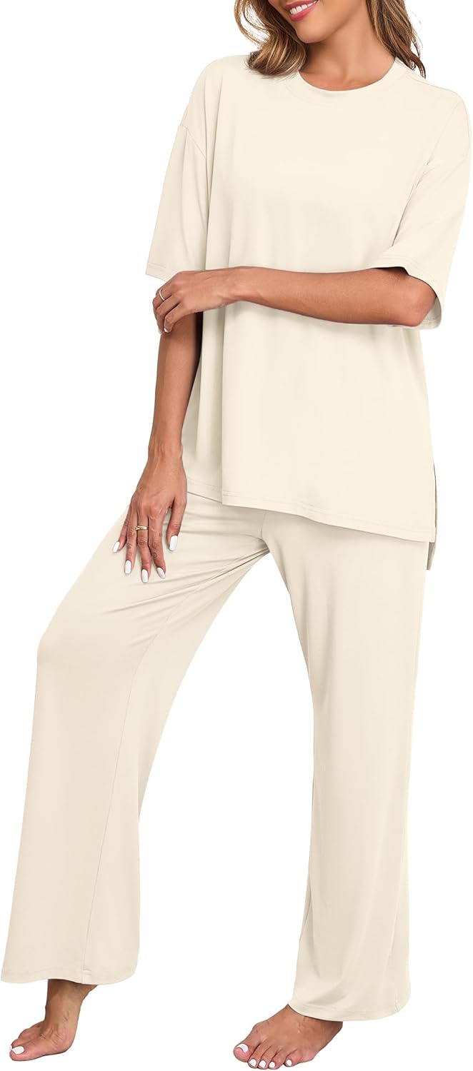 Womens Pajamas Sets 2 Piece Lounge Set Short Sleeve Tops and Long Pants Soft Pjs Loungewear with Pockets