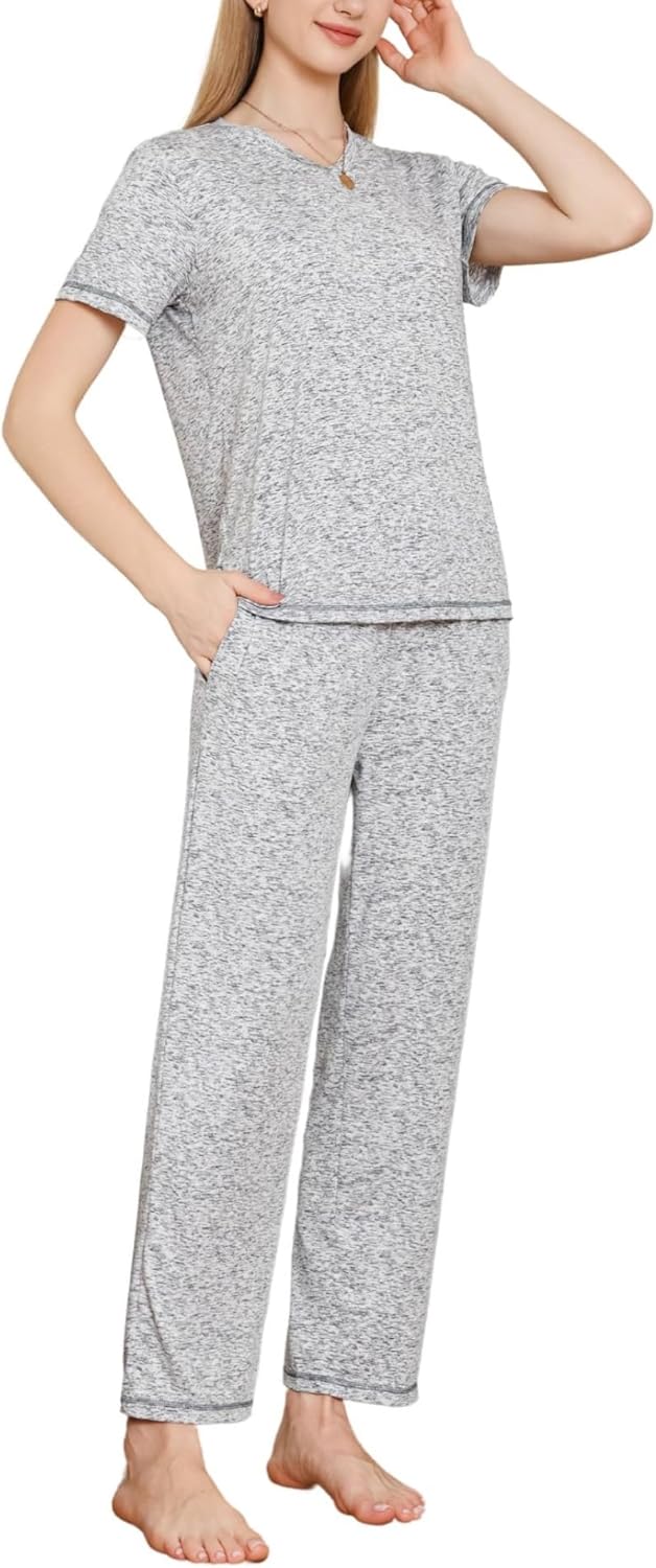 Womens Pajama Set Short Sleeve Top and Long Pant 2 Piece V Neck Lounge Sets Pjs with Pockets