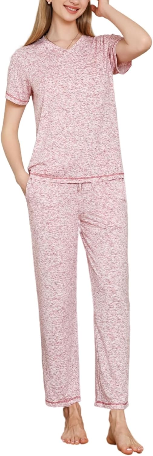 Womens Pajama Set Short Sleeve Top and Long Pant 2 Piece V Neck Lounge Sets Pjs with Pockets