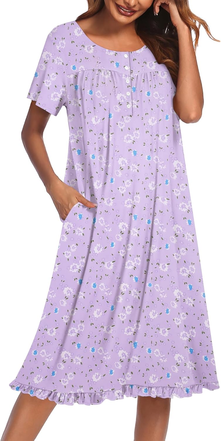 Nightgowns for Women with Pockets Button Front Short Sleeve House Dresses Floral Print Mumu Dress