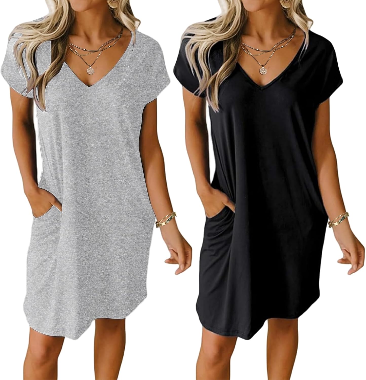 Womens 2 Pack Nightgown V Neck Sleepshirt Short Sleeve Nightshirt Plain/Floral Pajama Dress with Pockets