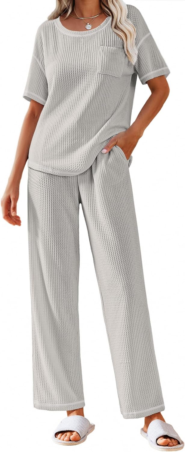 Women Waffle Knit Lounge Sets Short Sleeve Top and Long Pant Pajama Set Loungewear 2 Piece Pjs Set with Pockets