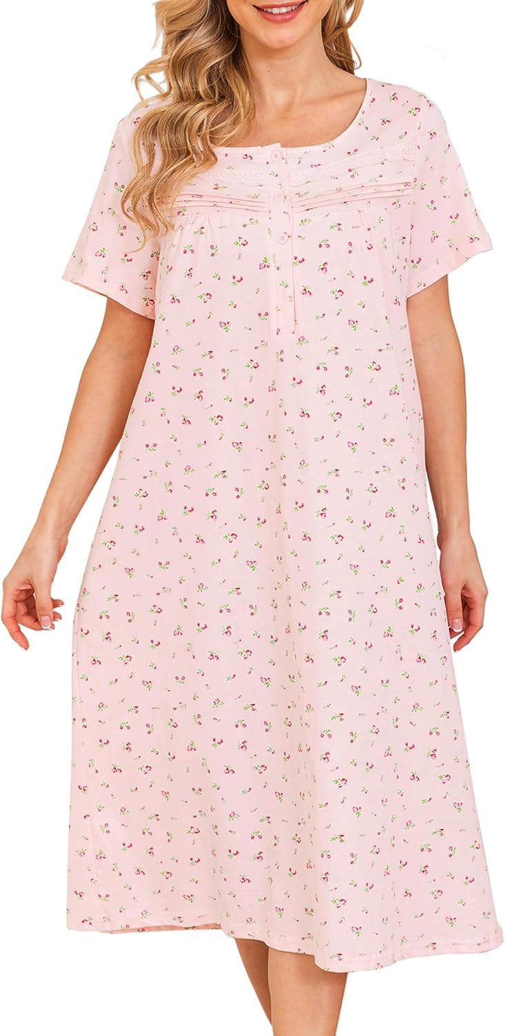 Nightgowns for Women Soft 100% Cotton House Dress Short/Long Sleeve Night Gowns Comfy Sleepwear S-3XL