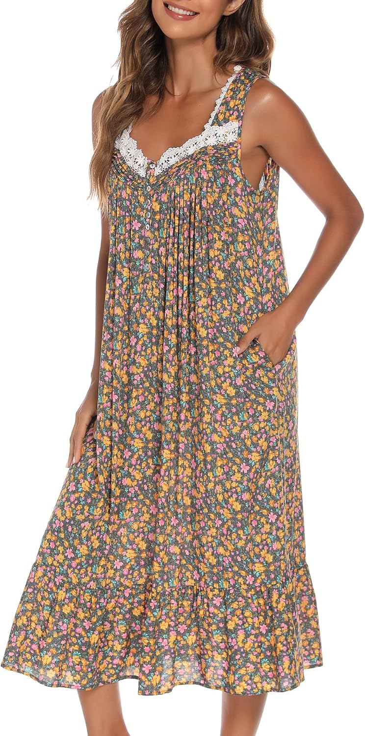 Cotton Nightgowns for Women Sleeveless House Dress Ladies Long Nightdress with Pockets S-XXL