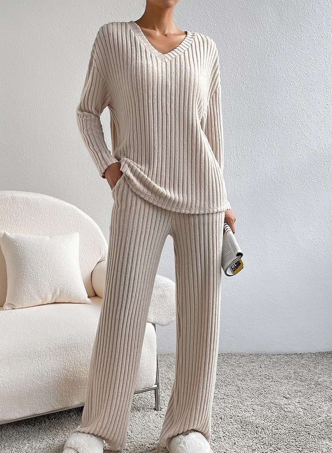 Women's Pajama Sets Long Sleeve 2 Piece Lounge Sets Ribbed Knit Sweater Sleepwear