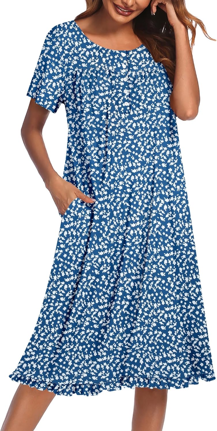 Nightgowns for Women with Pockets Button Front Short Sleeve House Dresses Floral Print Mumu Dress