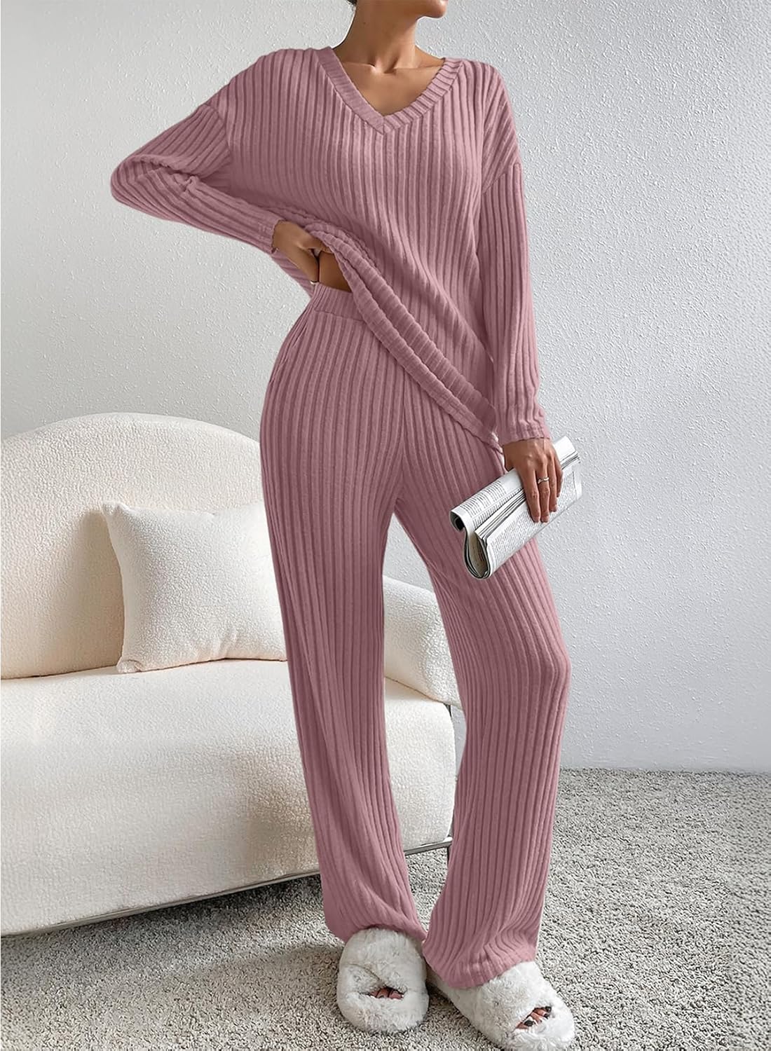 Women's Pajama Sets Long Sleeve 2 Piece Lounge Sets Ribbed Knit Sweater Sleepwear