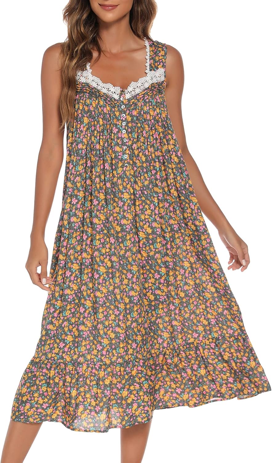 Cotton Nightgowns for Women Sleeveless House Dress Ladies Long Nightdress with Pockets S-XXL
