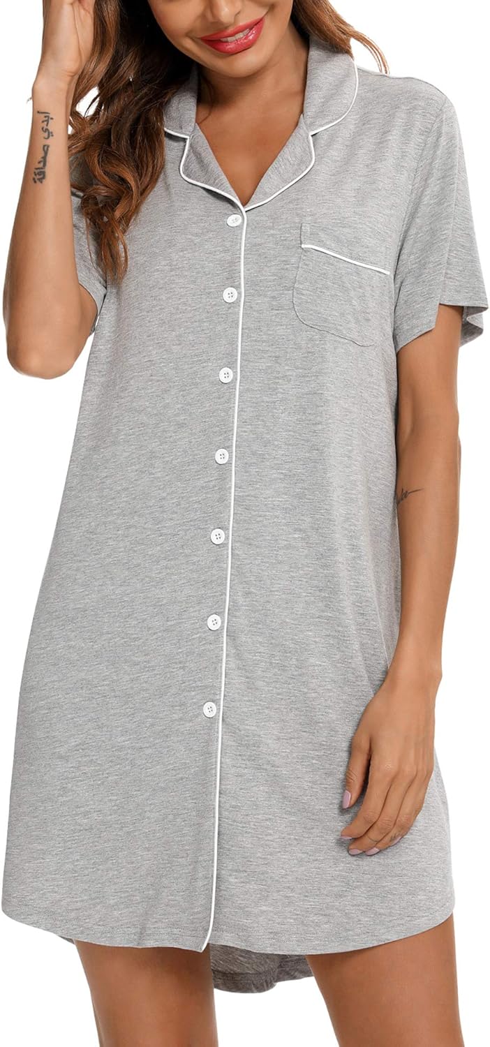 Nightgown for Women Sleep Shirt Short Long Sleeve Sleepwear Boyfriend Nightshirt Button Down Pajama Dress S-XXL